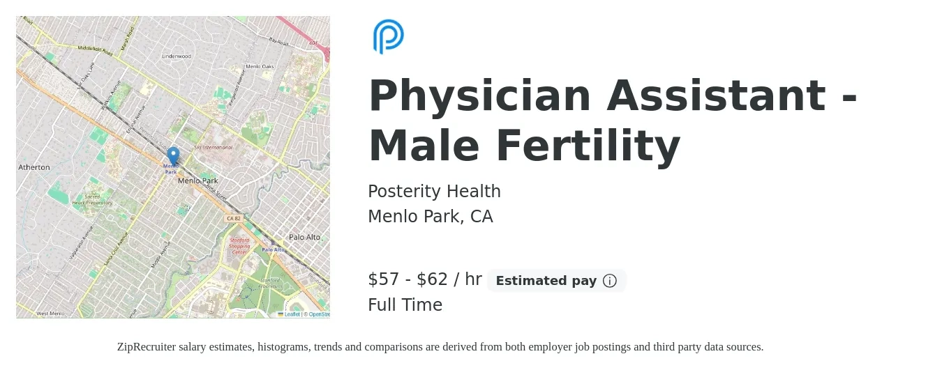 Posterity Health job posting for a Physician Assistant - Male Fertility in Menlo Park, CA with a salary of $60 to $65 Hourly with a map of Menlo Park location.