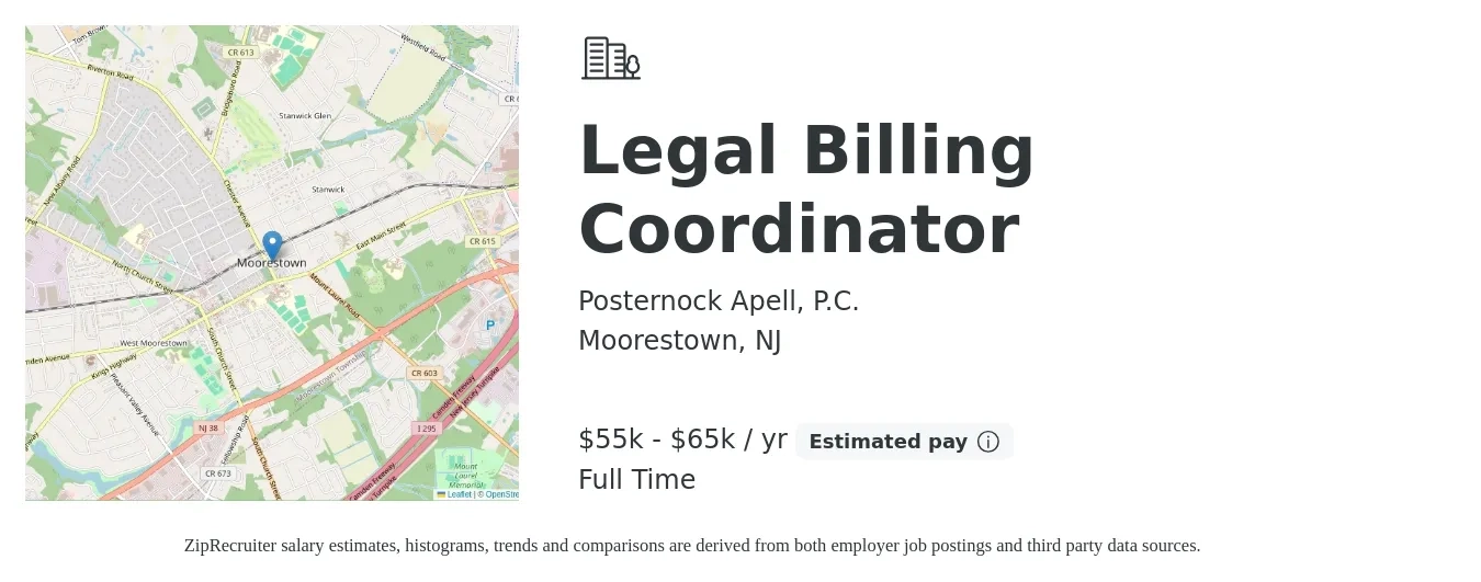 Posternock Apell, P.C. job posting for a Legal Billing Coordinator in Moorestown, NJ with a salary of $55,000 to $65,000 Yearly with a map of Moorestown location.