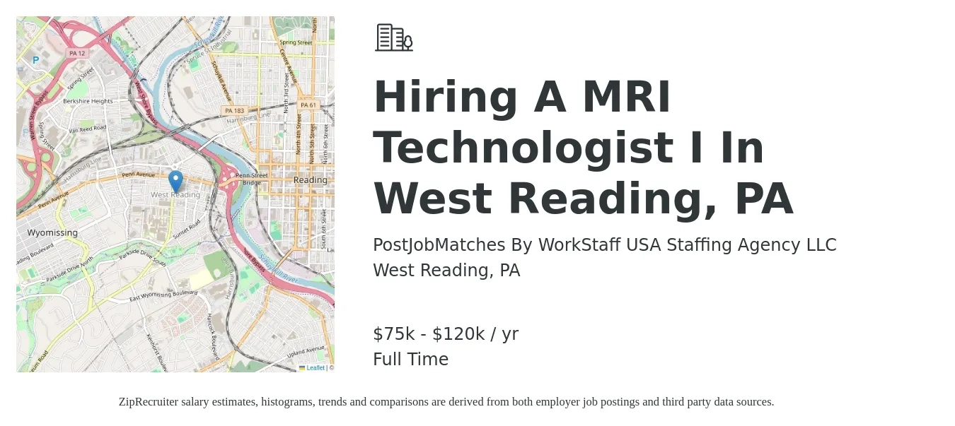 PostJobMatches By WorkStaff USA Staffing Agency LLC job posting for a Hiring A MRI Technologist I In West Reading, PA in West Reading, PA with a salary of $75,129 to $120,224 Yearly with a map of West Reading location.