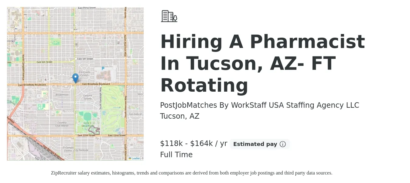 PostJobMatches By WorkStaff USA Staffing Agency LLC job posting for a Hiring A Pharmacist In Tucson, AZ- FT Rotating in Tucson, AZ with a salary of $55 to $66 Hourly with a map of Tucson location.