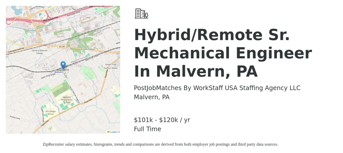 PostJobMatches By WorkStaff USA Staffing Agency LLC job posting for a Hybrid/Remote Sr. Mechanical Engineer In Malvern, PA in Malvern, PA with a salary of $101,000 to $120,000 Yearly with a map of Malvern location.