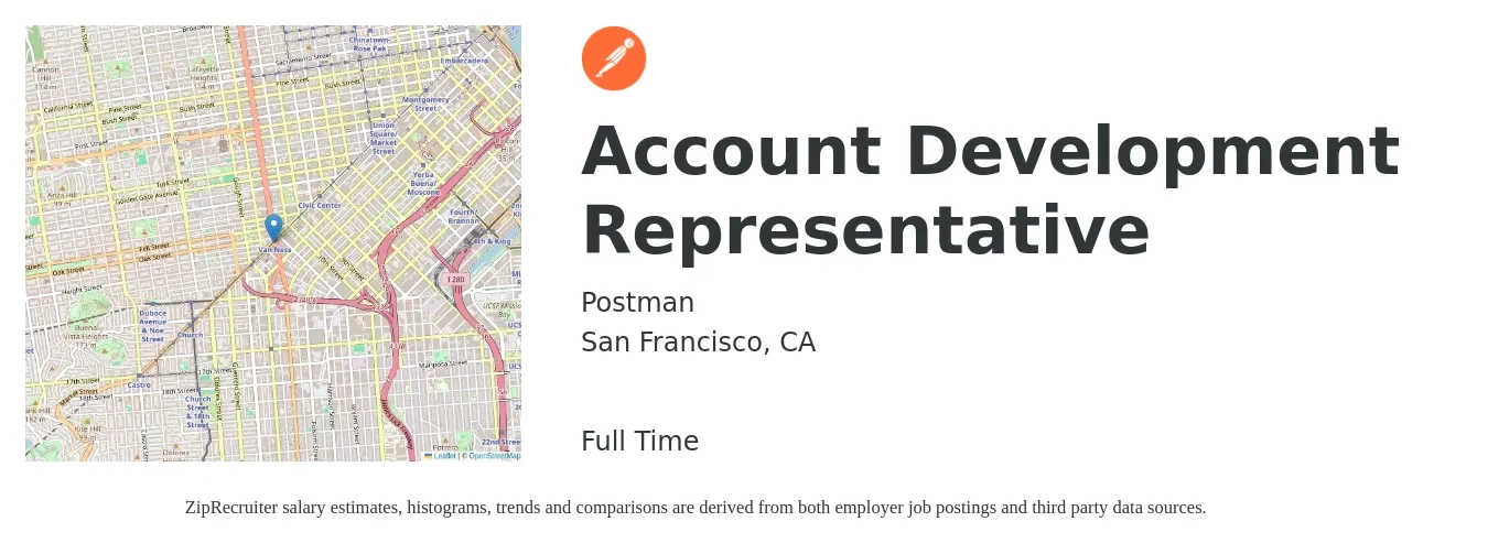 Postman job posting for a Account Development Representative in San Francisco, CA with a salary of $48,900 to $73,000 Yearly with a map of San Francisco location.