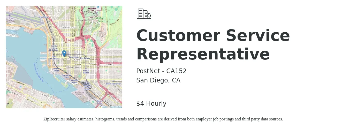 PostNet - CA152 job posting for a Customer Service Representative in San Diego, CA with a salary of $17 Hourly with a map of San Diego location.