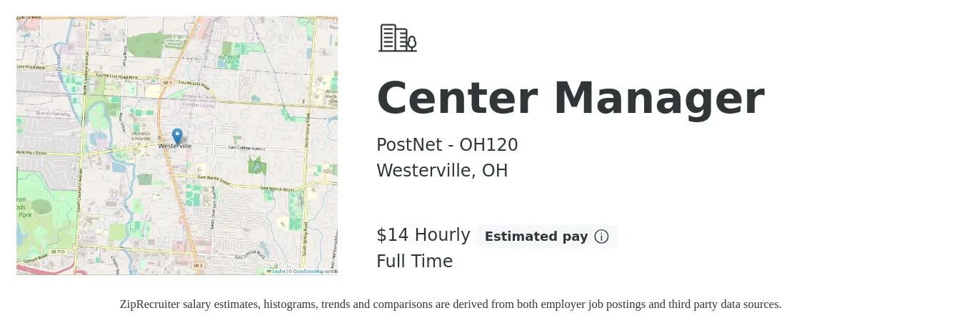 PostNet - OH120 job posting for a Center Manager in Westerville, OH with a salary of $15 Hourly with a map of Westerville location.