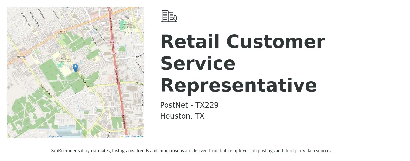 PostNet - TX229 job posting for a Retail Customer Service Representative in Houston, TX with a salary of $10 to $12 Hourly with a map of Houston location.