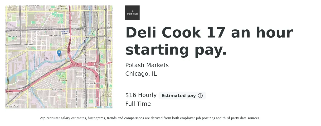 Potash Markets job posting for a Deli Cook 17 an hour starting pay. in Chicago, IL with a salary of $17 Hourly with a map of Chicago location.
