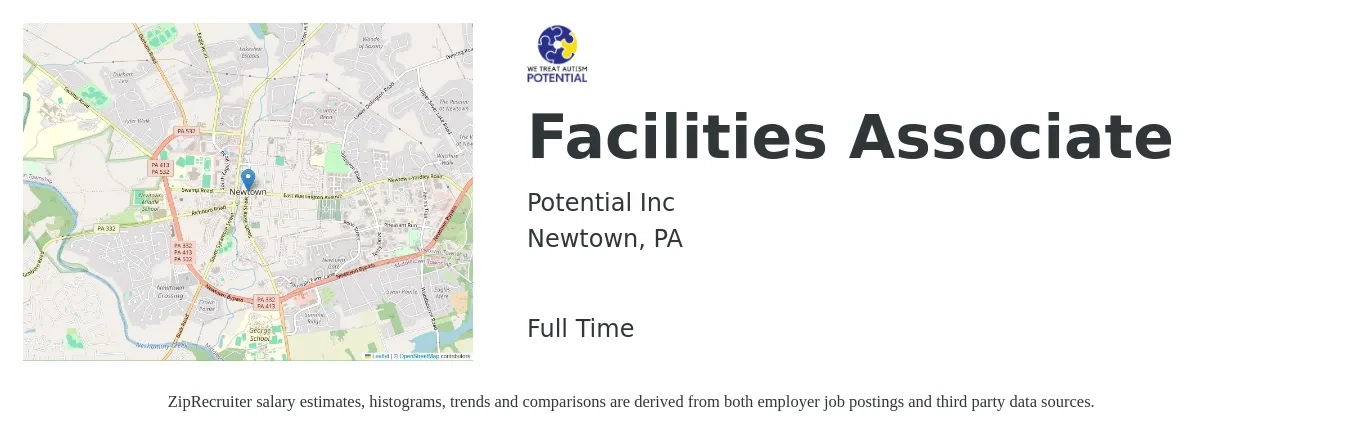 Potential Inc job posting for a Facilities Associate in Newtown, PA with a salary of $15 to $18 Hourly with a map of Newtown location.
