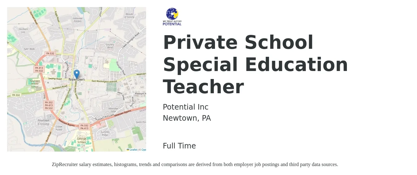 Potential Inc job posting for a Private School Special Education Teacher in Newtown, PA with a salary of $46,800 to $61,800 Yearly with a map of Newtown location.