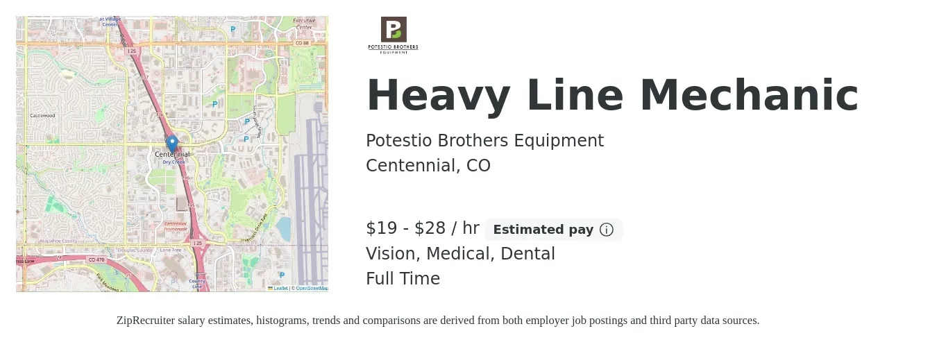 Potestio Brothers Equipment job posting for a Heavy Line Mechanic in Centennial, CO with a salary of $20 to $30 Hourly (plus commission) and benefits including dental, life_insurance, medical, pto, retirement, and vision with a map of Centennial location.