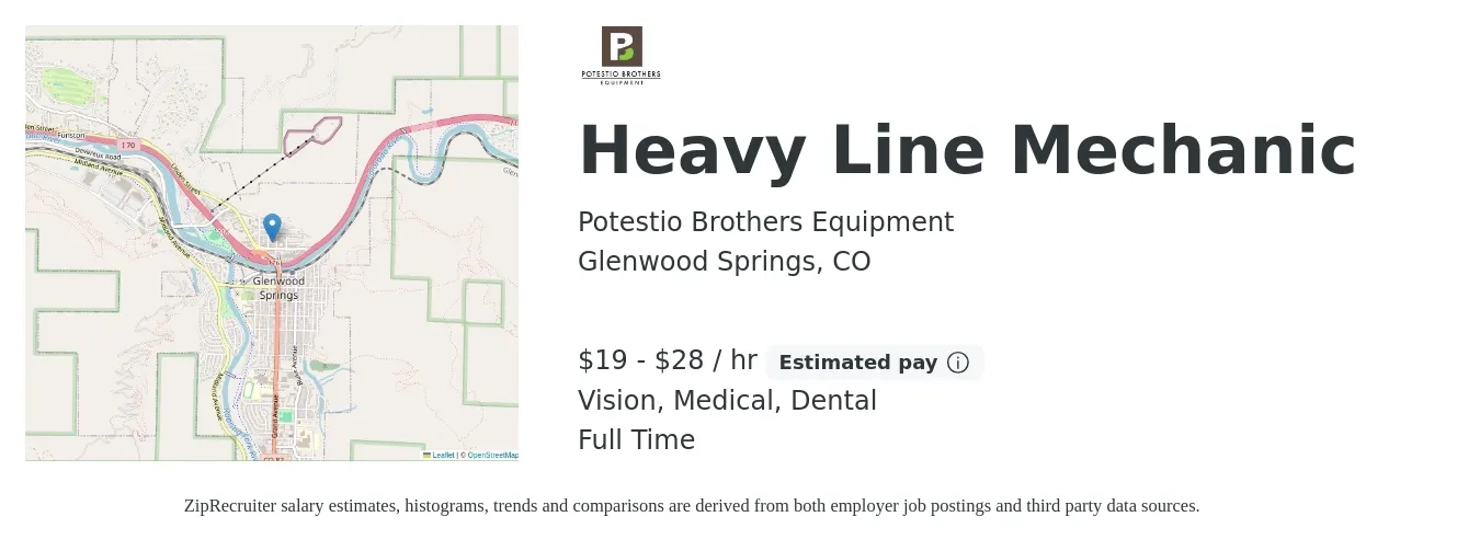 Potestio Brothers Equipment job posting for a Heavy Line Mechanic in Glenwood Springs, CO with a salary of $20 to $30 Hourly (plus commission) and benefits including life_insurance, medical, pto, retirement, vision, and dental with a map of Glenwood Springs location.