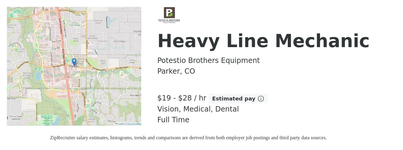 Potestio Brothers Equipment job posting for a Heavy Line Mechanic in Parker, CO with a salary of $20 to $30 Hourly (plus commission) and benefits including dental, life_insurance, medical, pto, retirement, and vision with a map of Parker location.