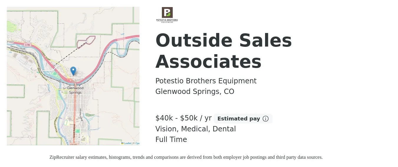 Potestio Brothers Equipment job posting for a Outside Sales Associates in Glenwood Springs, CO with a salary of $40,000 to $50,000 Yearly (plus commission) and benefits including dental, life_insurance, medical, pto, retirement, and vision with a map of Glenwood Springs location.