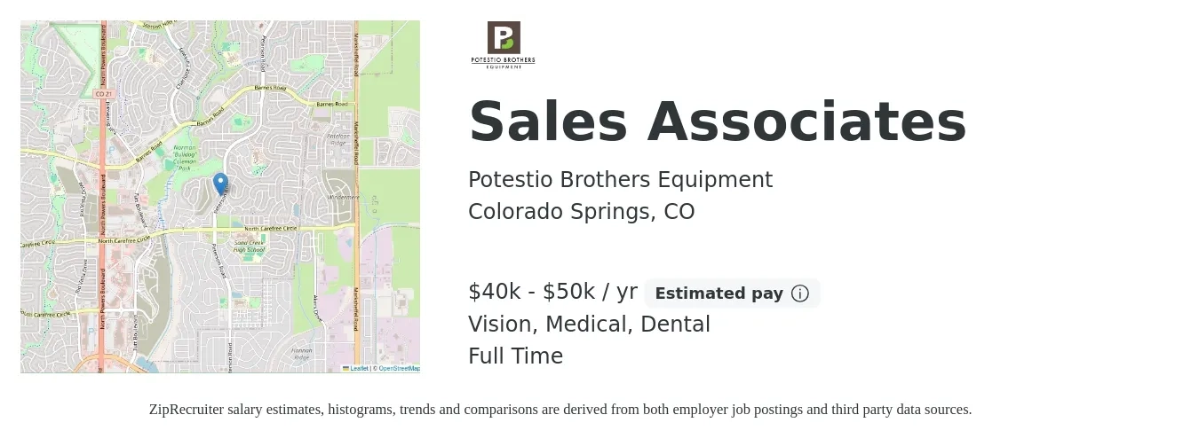 Potestio Brothers Equipment job posting for a Sales Associates in Colorado Springs, CO with a salary of $40,000 to $50,000 Yearly (plus commission) and benefits including dental, life_insurance, medical, pto, retirement, and vision with a map of Colorado Springs location.