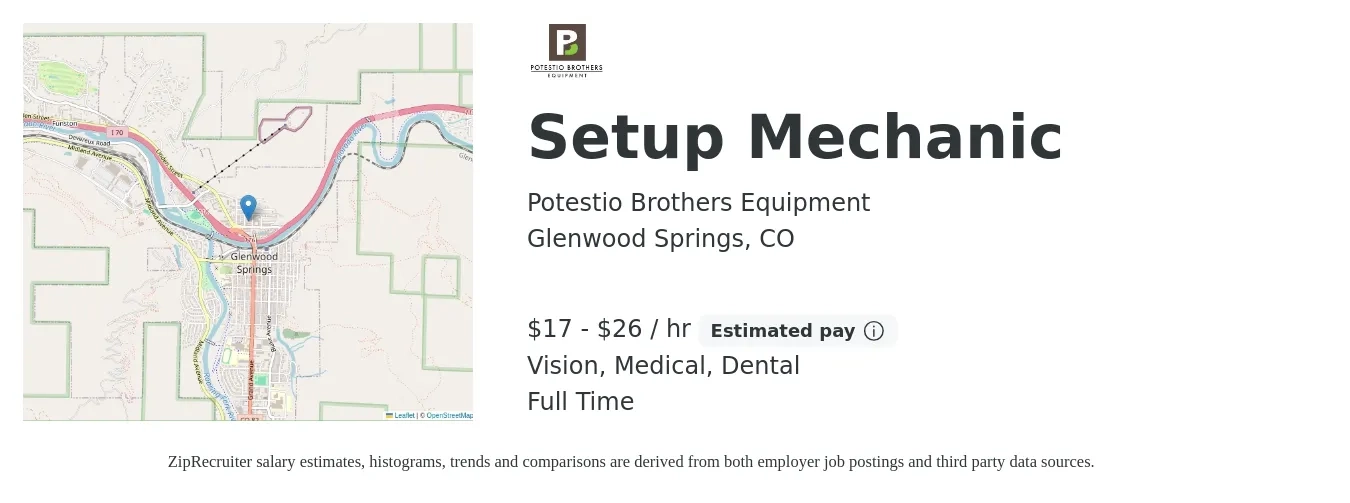 Potestio Brothers Equipment job posting for a Setup Mechanic in Glenwood Springs, CO with a salary of $18 to $28 Hourly and benefits including vision, dental, life_insurance, medical, pto, and retirement with a map of Glenwood Springs location.