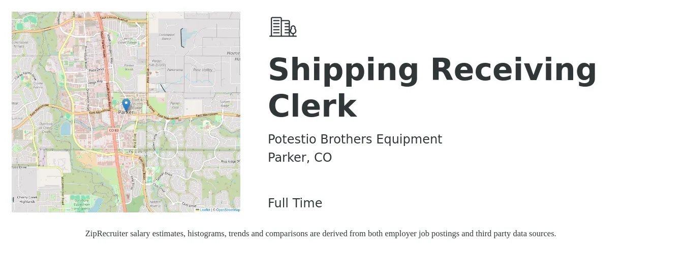 Potestio Brothers Equipment job posting for a Shipping Receiving Clerk in Parker, CO with a salary of $18 to $25 Hourly and benefits including medical, pto, retirement, vision, dental, and life_insurance with a map of Parker location.