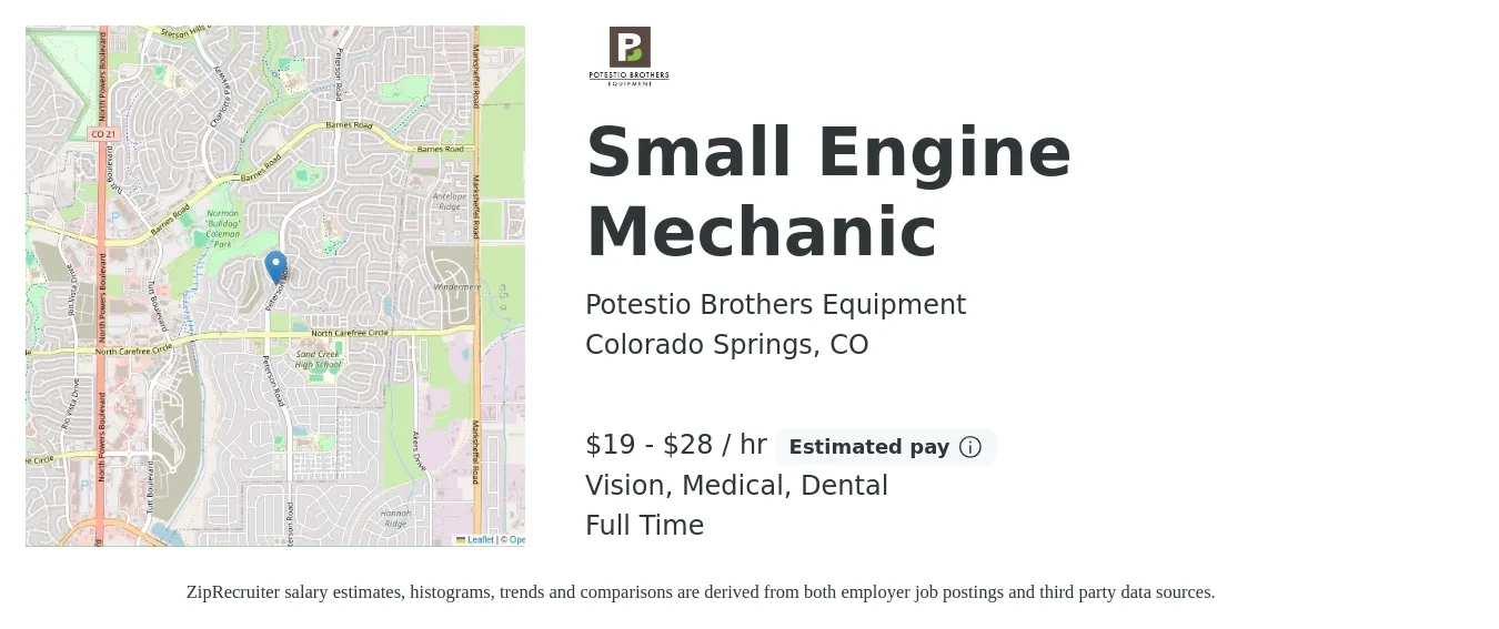 Potestio Brothers Equipment job posting for a Small Engine Mechanic in Colorado Springs, CO with a salary of $20 to $30 Hourly and benefits including dental, life_insurance, medical, pto, retirement, and vision with a map of Colorado Springs location.
