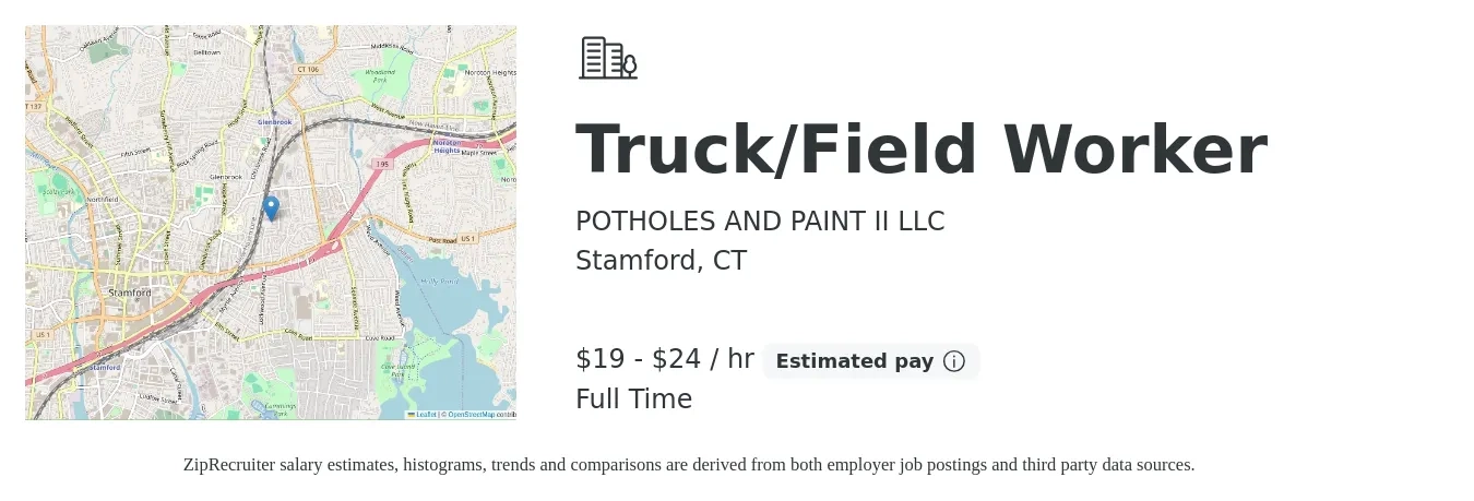 POTHOLES AND PAINT II LLC job posting for a Truck/Field Worker in Stamford, CT with a salary of $20 to $25 Hourly with a map of Stamford location.