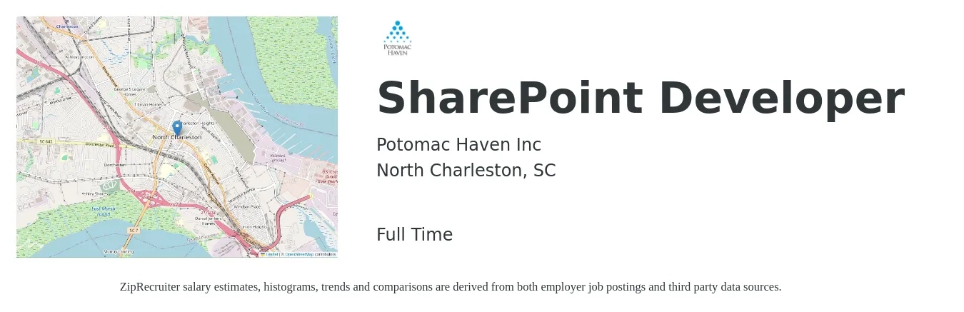 Potomac Haven Inc job posting for a SharePoint Developer in North Charleston, SC with a salary of $47 to $61 Hourly with a map of North Charleston location.