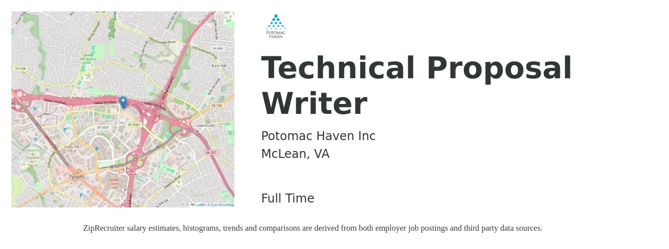 Potomac Haven Inc job posting for a Technical Proposal Writer in McLean, VA with a salary of $71,800 to $101,100 Yearly with a map of McLean location.