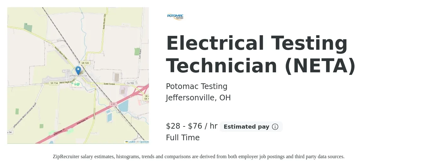 Potomac Testing job posting for a Electrical Testing Technician (NETA) in Jeffersonville, OH with a salary of $18 Hourly with a map of Jeffersonville location.