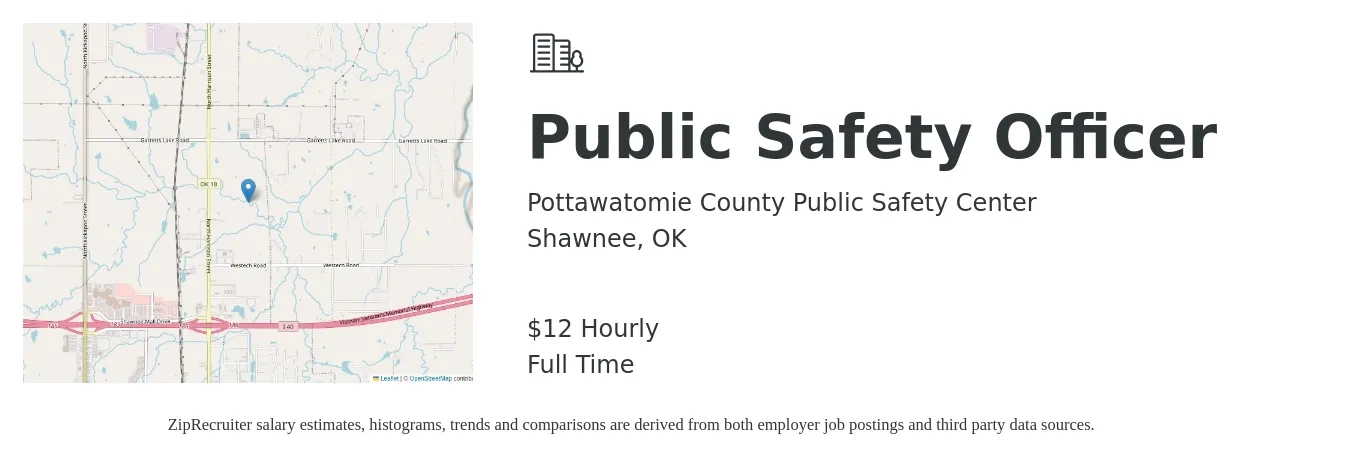 Pottawatomie County Public Safety Center job posting for a Public Safety Officer in Shawnee, OK with a salary of $13 Hourly with a map of Shawnee location.