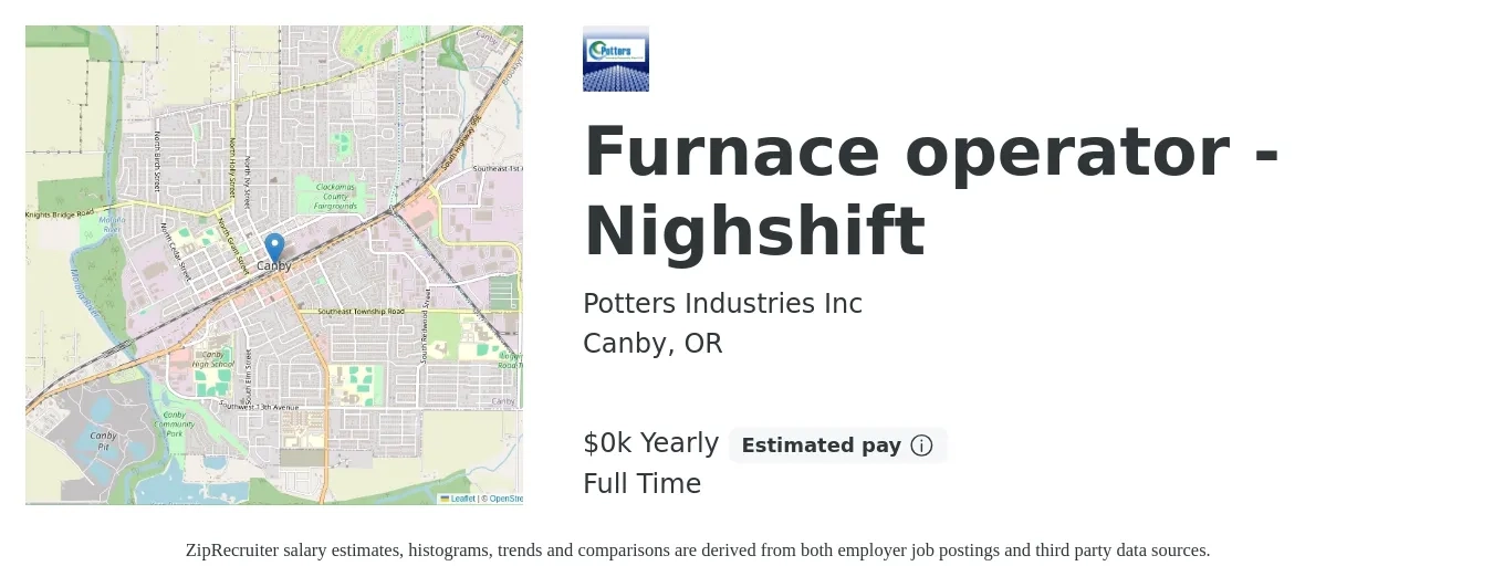 Potters Industries Inc job posting for a Furnace operator - Nighshift in Canby, OR with a salary of $23 Yearly with a map of Canby location.