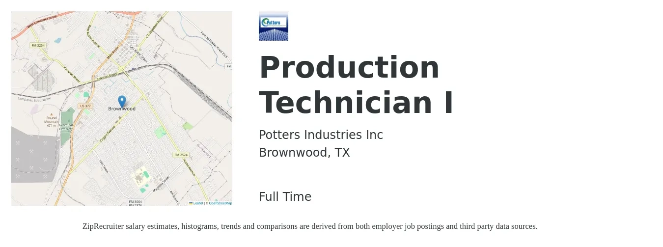 Potters Industries Inc job posting for a Production Technician I in Brownwood, TX with a salary of $16 to $20 Hourly with a map of Brownwood location.