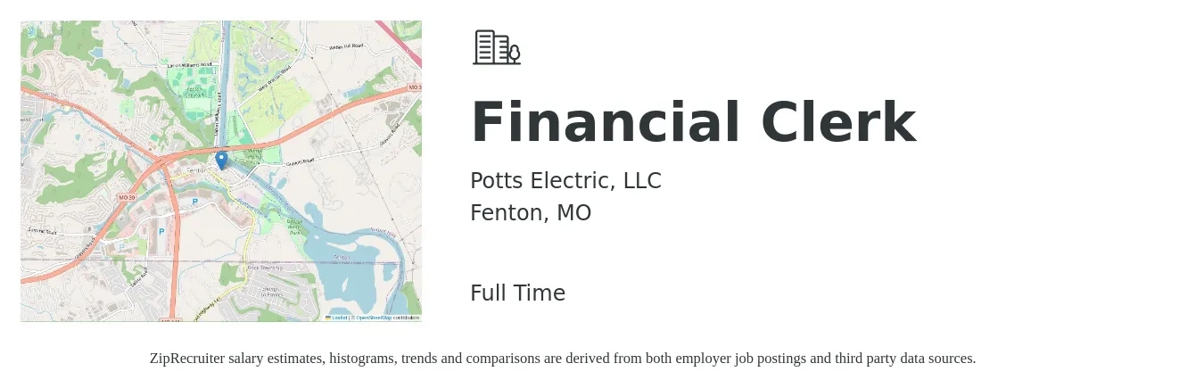Potts Electric, LLC job posting for a Financial Clerk in Fenton, MO with a salary of $17 to $23 Hourly with a map of Fenton location.