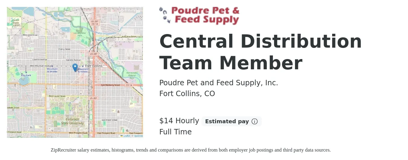 Poudre Pet and Feed Supply Inc job posting for a Central Distribution Team Member in Fort Collins, CO with a salary of $15 Hourly with a map of Fort Collins location.