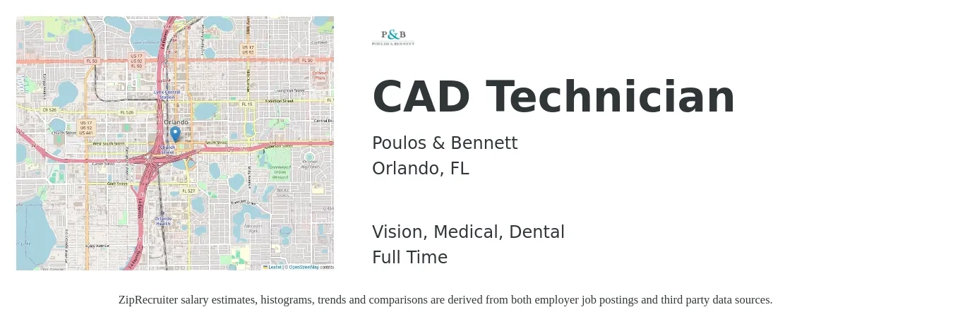 Poulos & Bennett job posting for a CAD Technician in Orlando, FL with a salary of $20 to $30 Hourly and benefits including medical, pto, retirement, vision, dental, and life_insurance with a map of Orlando location.