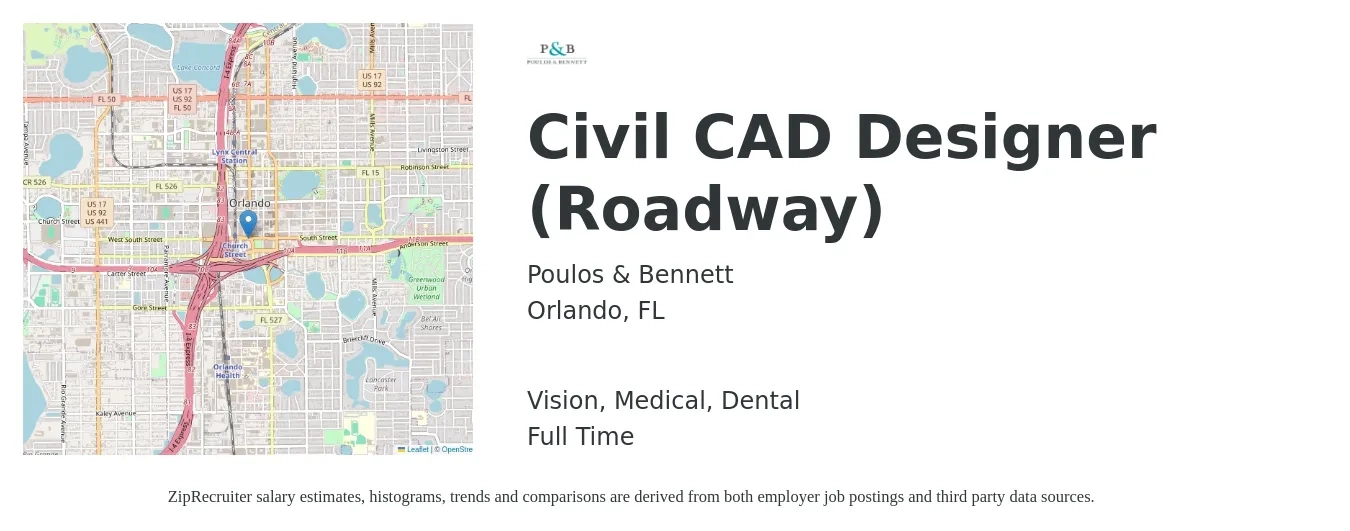Poulos & Bennett job posting for a Civil CAD Designer (Roadway) in Orlando, FL with a salary of $59,800 to $88,300 Yearly and benefits including vision, dental, life_insurance, medical, pto, and retirement with a map of Orlando location.