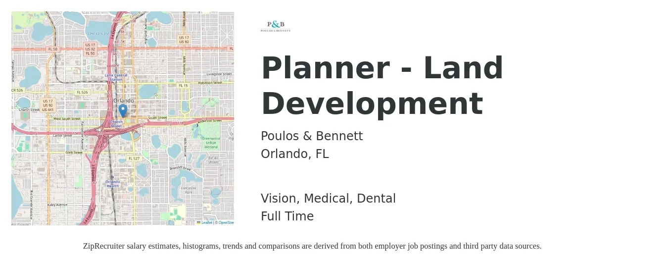 Poulos & Bennett job posting for a Planner - Land Development in Orlando, FL with a salary of $59,300 to $91,000 Yearly and benefits including dental, life_insurance, medical, pto, retirement, and vision with a map of Orlando location.