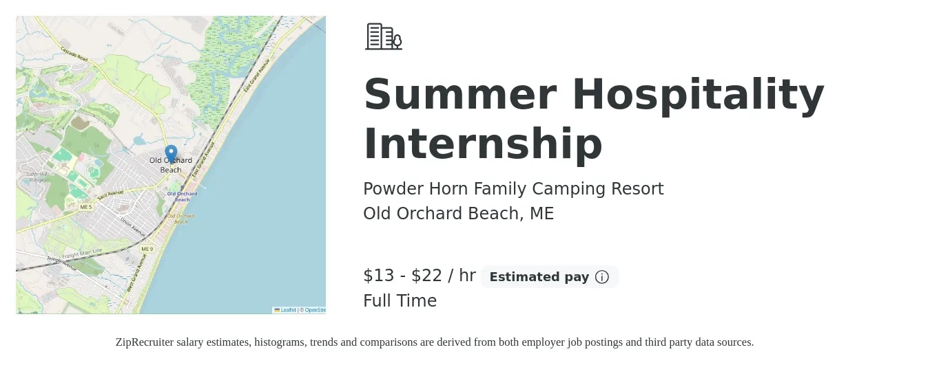 Powder Horn Family Camping Resort job posting for a Summer Hospitality Internship in Old Orchard Beach, ME with a salary of $14 to $24 Hourly with a map of Old Orchard Beach location.