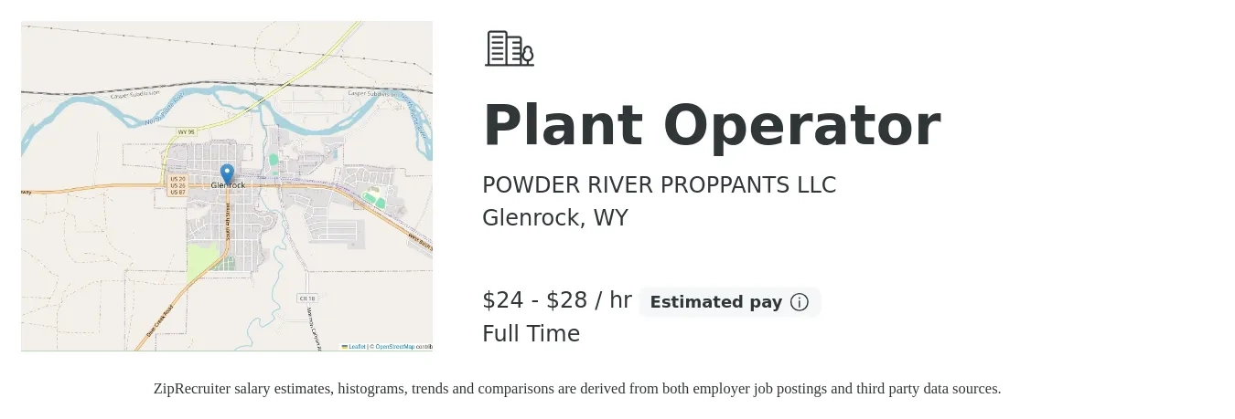 POWDER RIVER PROPPANTS LLC job posting for a Plant Operator in Glenrock, WY with a salary of $25 to $30 Hourly with a map of Glenrock location.