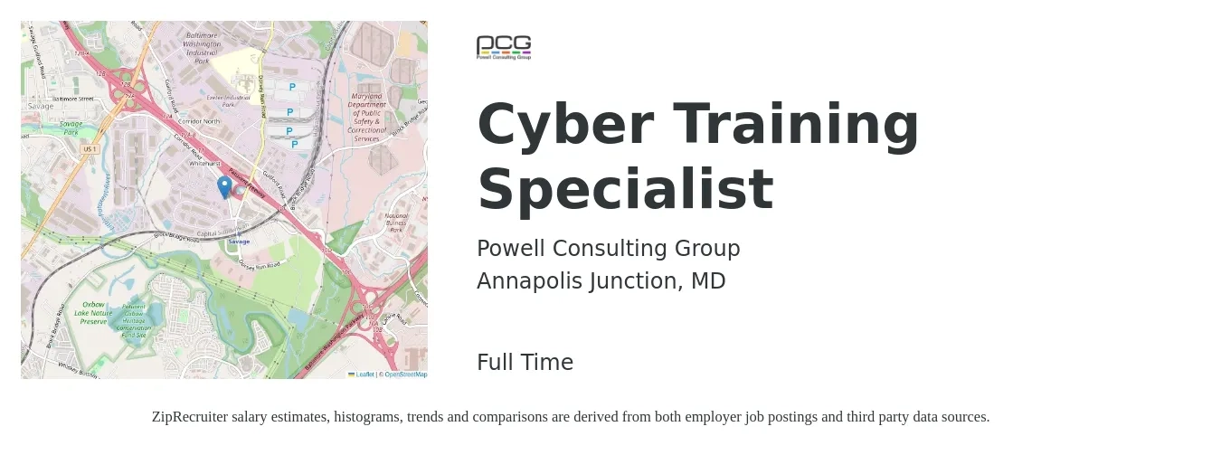 Powell Consulting Group job posting for a Cyber Training Specialist in Annapolis Junction, MD with a salary of $58,200 to $84,800 Yearly with a map of Annapolis Junction location.