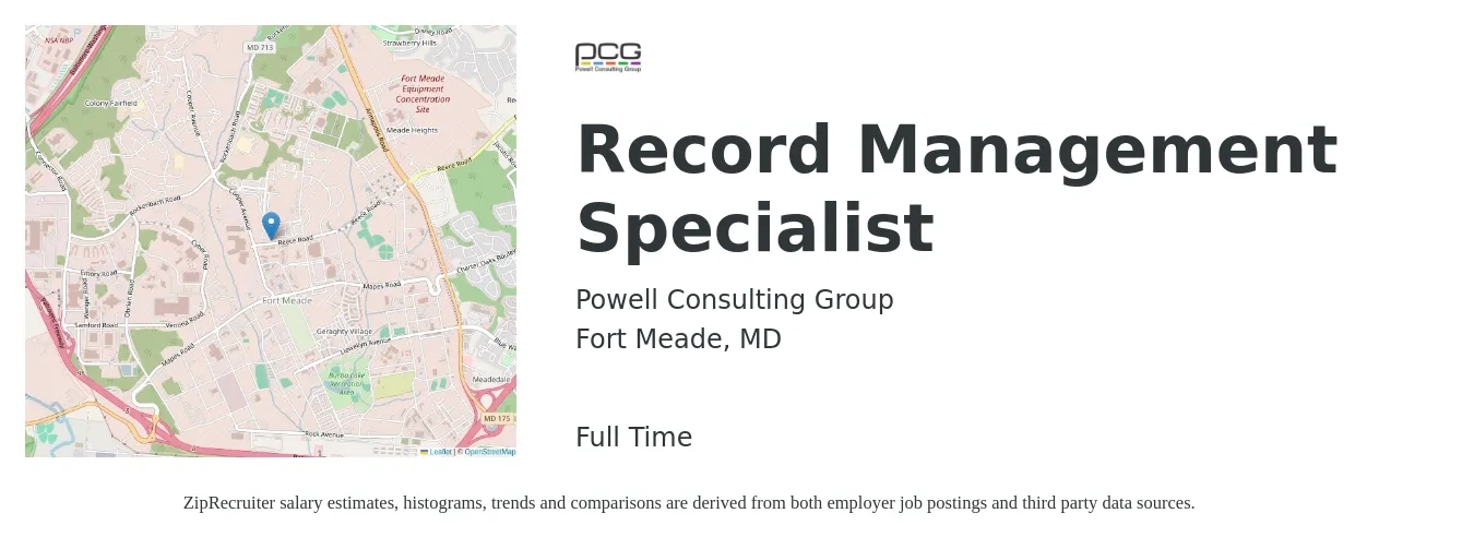 Powell Consulting Group job posting for a Record Management Specialist in Fort Meade, MD with a salary of $51,200 to $88,000 Yearly with a map of Fort Meade location.
