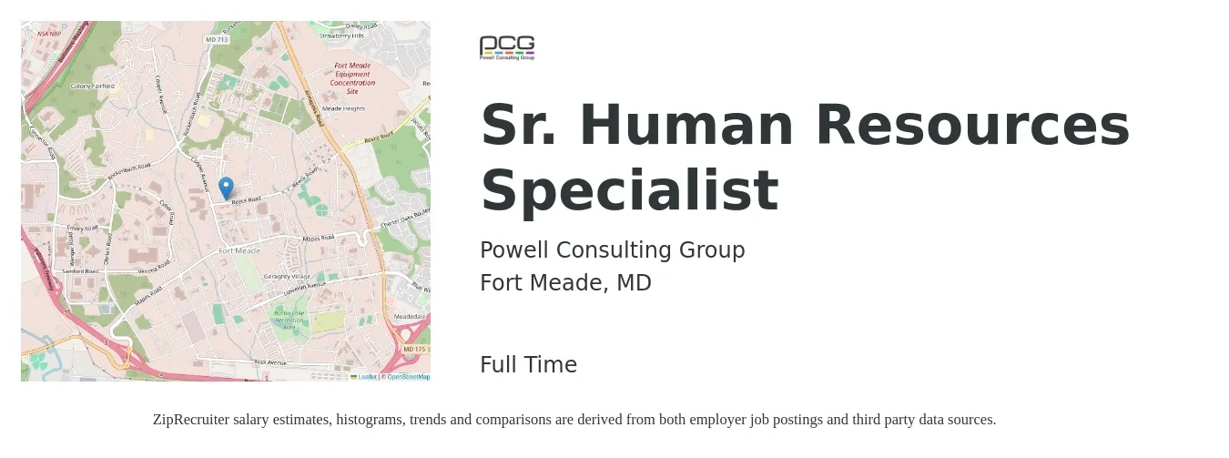 Powell Consulting Group job posting for a Sr. Human Resources Specialist in Fort Meade, MD with a salary of $52,400 to $109,700 Yearly with a map of Fort Meade location.