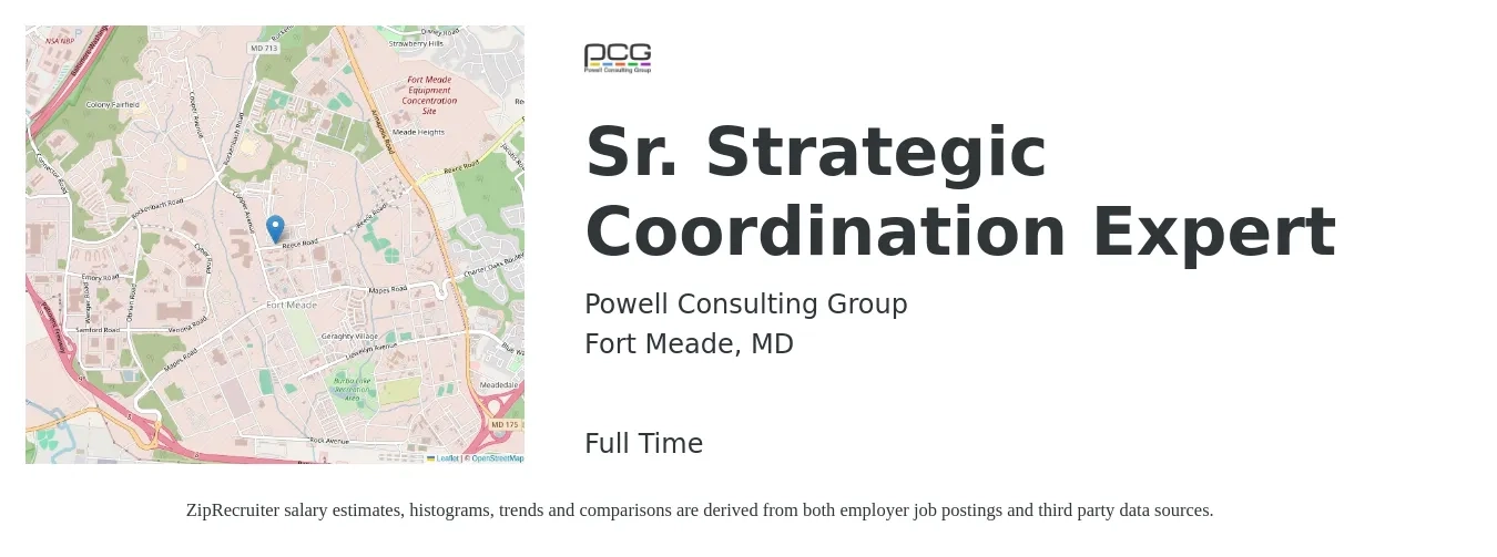 Powell Consulting Group job posting for a Sr. Strategic Coordination Expert in Fort Meade, MD with a salary of $96,900 to $119,200 Yearly with a map of Fort Meade location.
