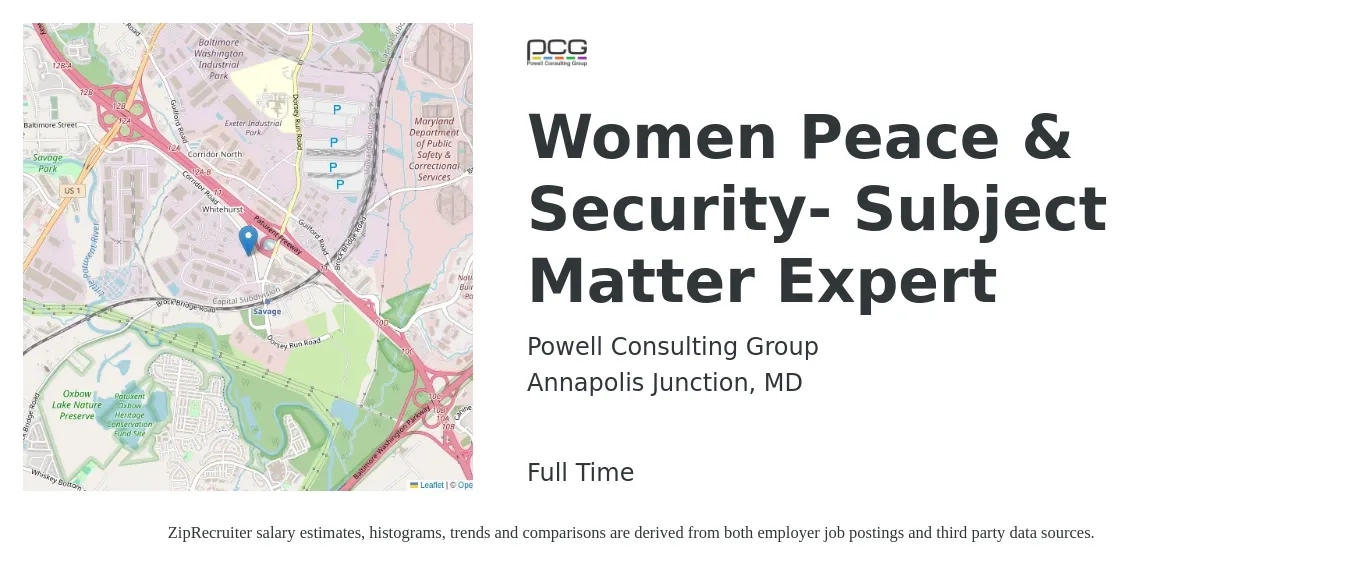 Powell Consulting Group job posting for a Women Peace & Security- Subject Matter Expert in Annapolis Junction, MD with a salary of $21 to $30 Hourly with a map of Annapolis Junction location.
