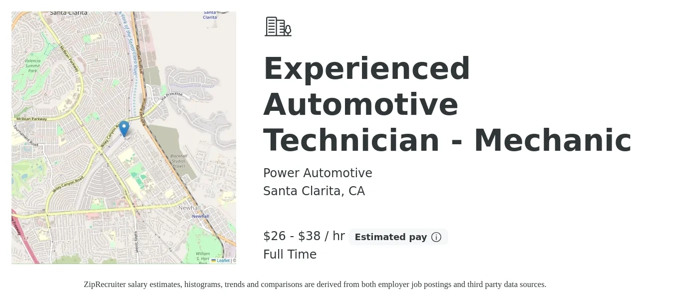 Power Automotive job posting for a Experienced Automotive Technician - Mechanic in Santa Clarita, CA with a salary of $28 to $40 Hourly with a map of Santa Clarita location.