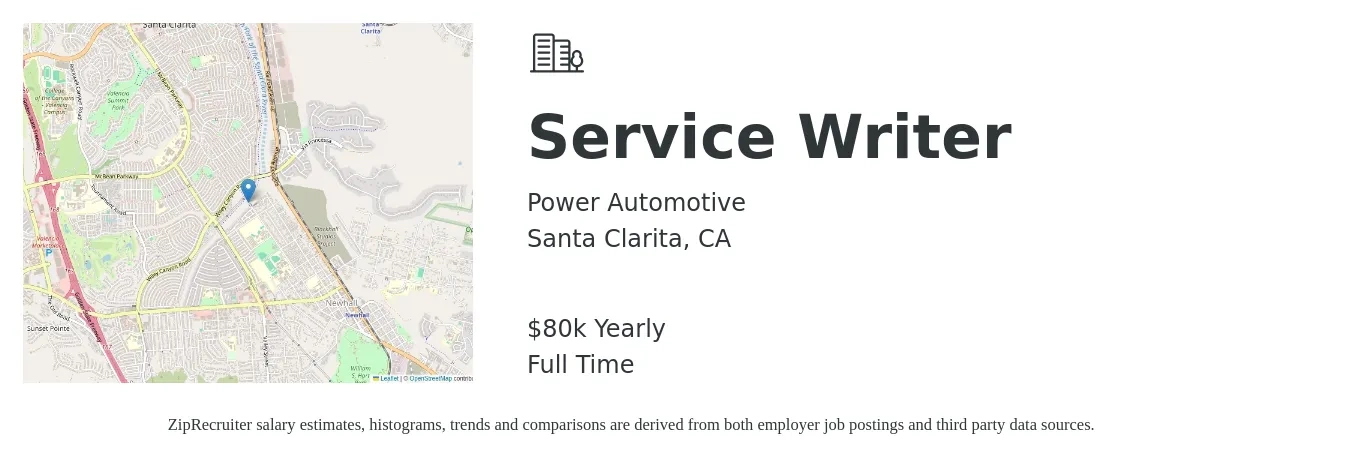 Power Automotive job posting for a Service Writer in Santa Clarita, CA with a salary of $80,000 Yearly with a map of Santa Clarita location.