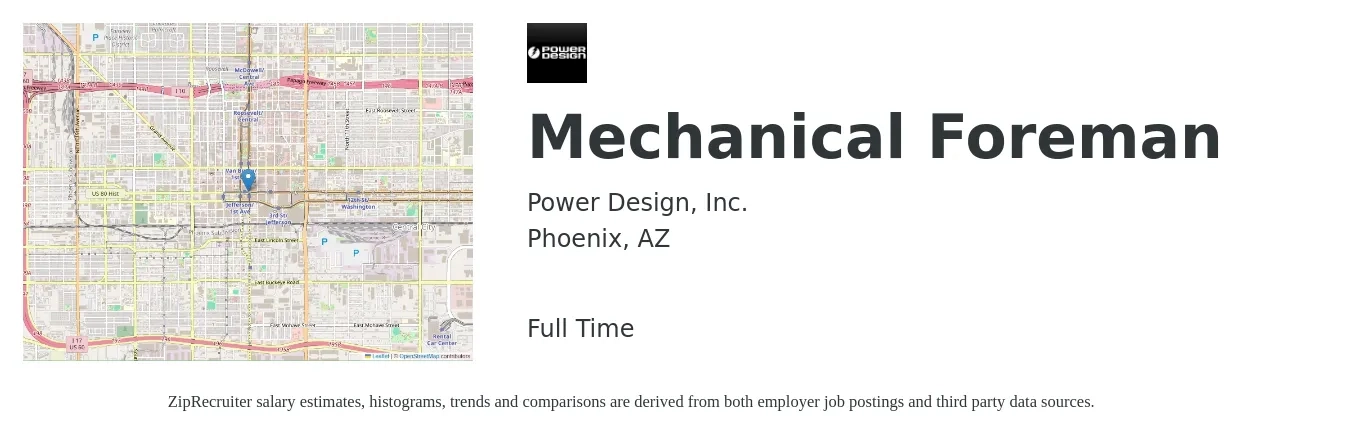 Power Design, Inc. job posting for a Mechanical Foreman in Phoenix, AZ with a salary of $71,500 to $118,200 Yearly and benefits including dental, life_insurance, medical, retirement, and vision with a map of Phoenix location.