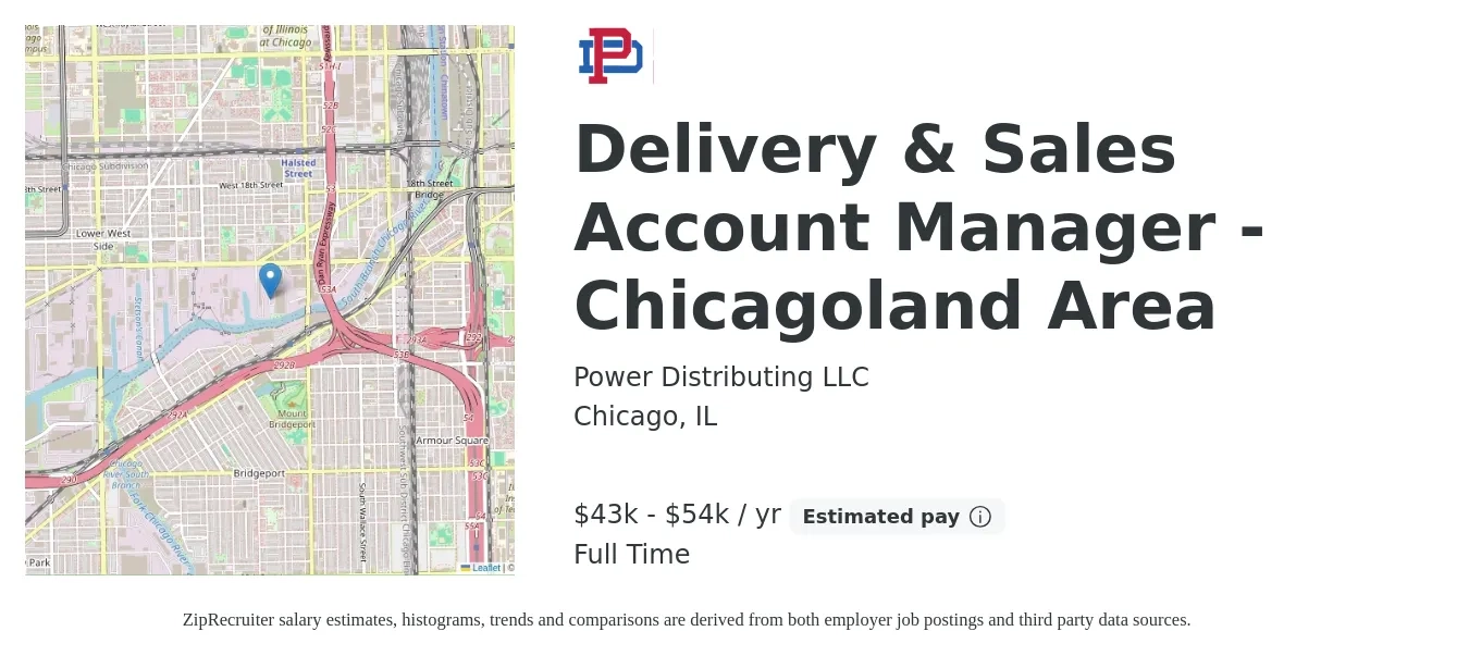 Power Distributing LLC job posting for a Delivery & Sales Account Manager - Chicagoland Area in Chicago, IL with a salary of $43,000 to $54,000 Yearly with a map of Chicago location.