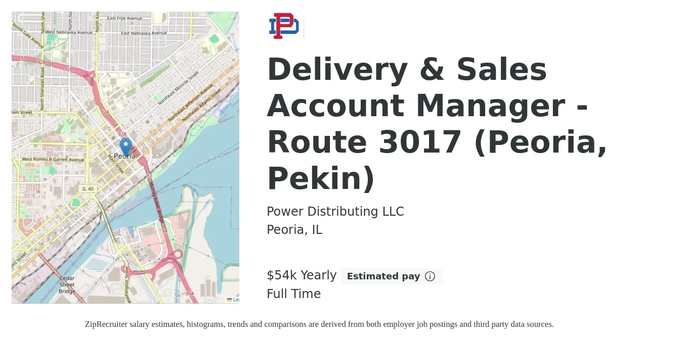 Power Distributing LLC job posting for a Delivery & Sales Account Manager - Route 3017 (Peoria, Pekin) in Peoria, IL with a salary of $54,000 Yearly with a map of Peoria location.