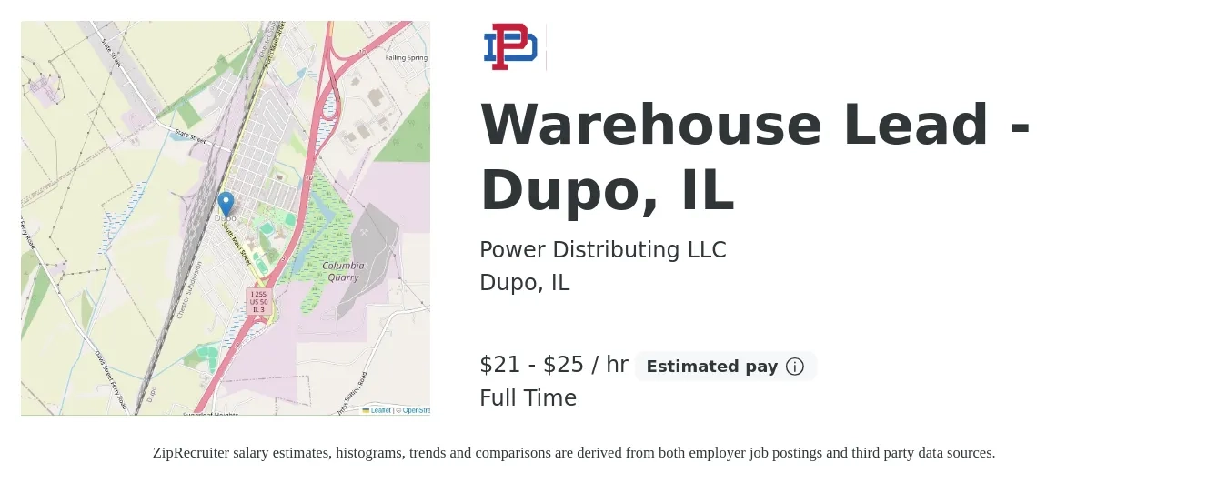 Power Distributing LLC job posting for a Warehouse Lead - Dupo, IL in Dupo, IL with a salary of $22 to $26 Hourly with a map of Dupo location.