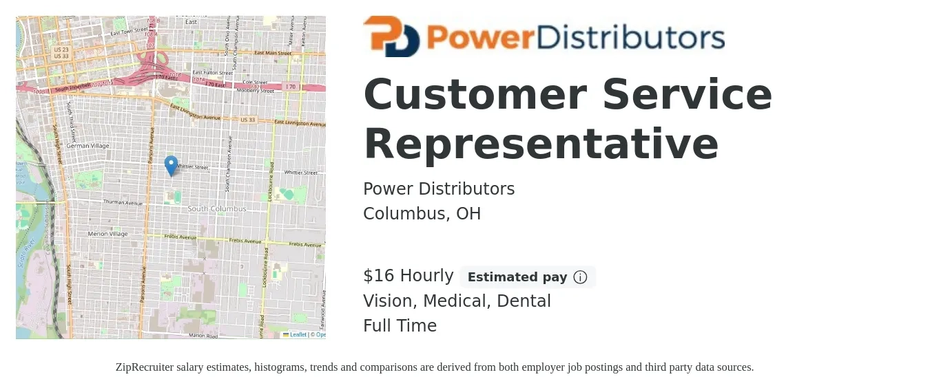 Power Distributors job posting for a Customer Service Representative in Columbus, OH with a salary of $17 Hourly and benefits including life_insurance, medical, pto, retirement, vision, and dental with a map of Columbus location.