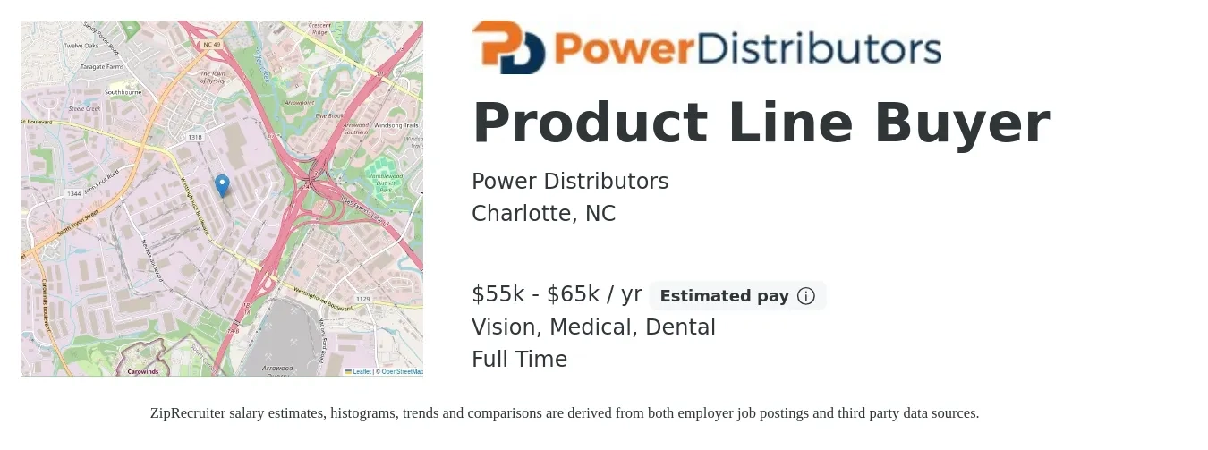 Power Distributors job posting for a Product Line Buyer in Charlotte, NC with a salary of $55,000 to $65,000 Yearly and benefits including pto, retirement, vision, dental, life_insurance, and medical with a map of Charlotte location.