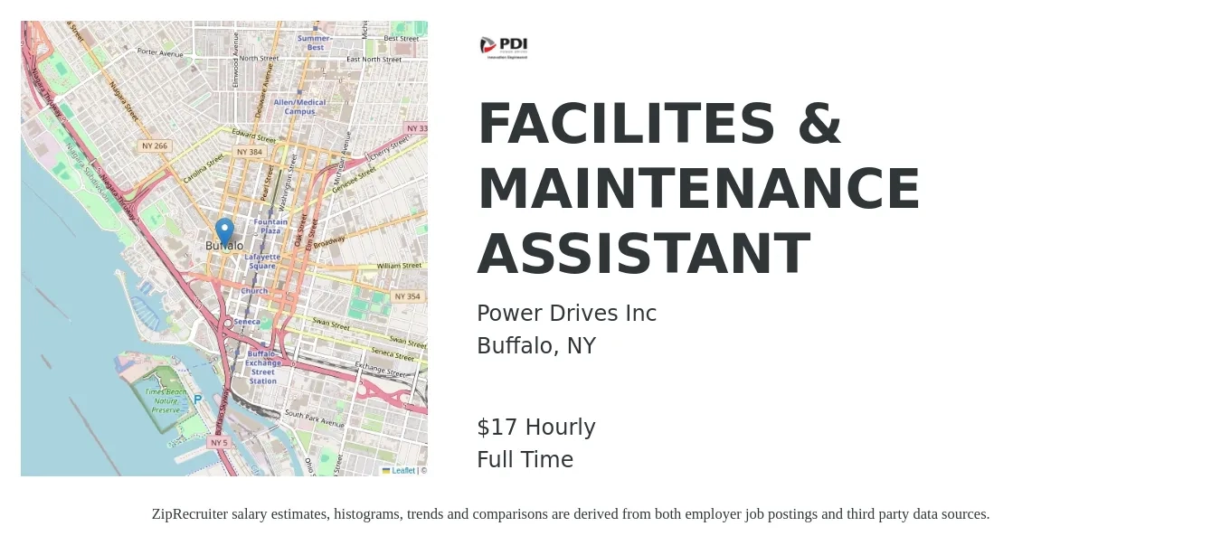 Power Drives Inc job posting for a FACILITES & MAINTENANCE ASSISTANT in Buffalo, NY with a salary of $18 Hourly with a map of Buffalo location.