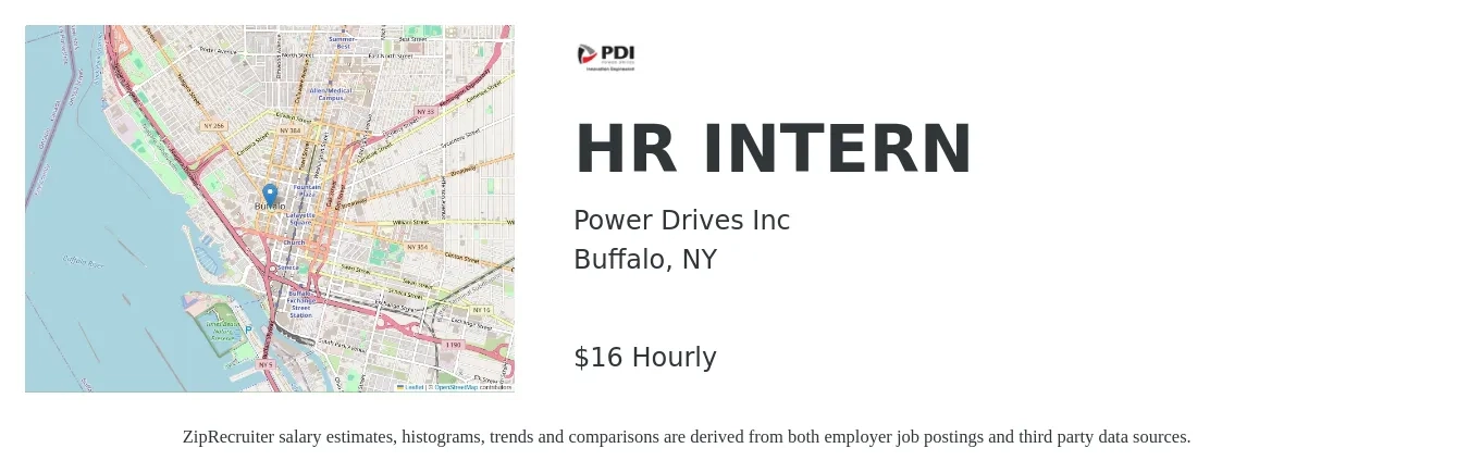Power Drives Inc job posting for a HR INTERN in Buffalo, NY with a salary of $17 Hourly with a map of Buffalo location.