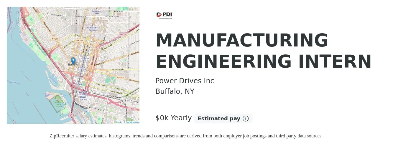 Power Drives Inc job posting for a MANUFACTURING ENGINEERING INTERN in Buffalo, NY with a salary of $16 to $19 Yearly with a map of Buffalo location.